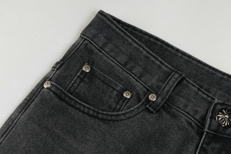Chrome Hearts Black & White Cross Patch Flame Knee Jeans