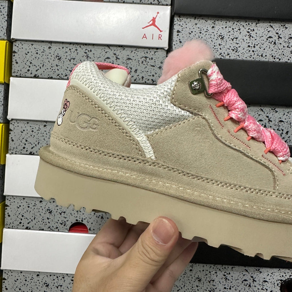 UGG Lowmel Lace-Up Sneaker – Suede & Mesh Low-Top Trainer with Pink UGGplush Lining, Embroidered Charm & Braided Pink Laces in Jasmine