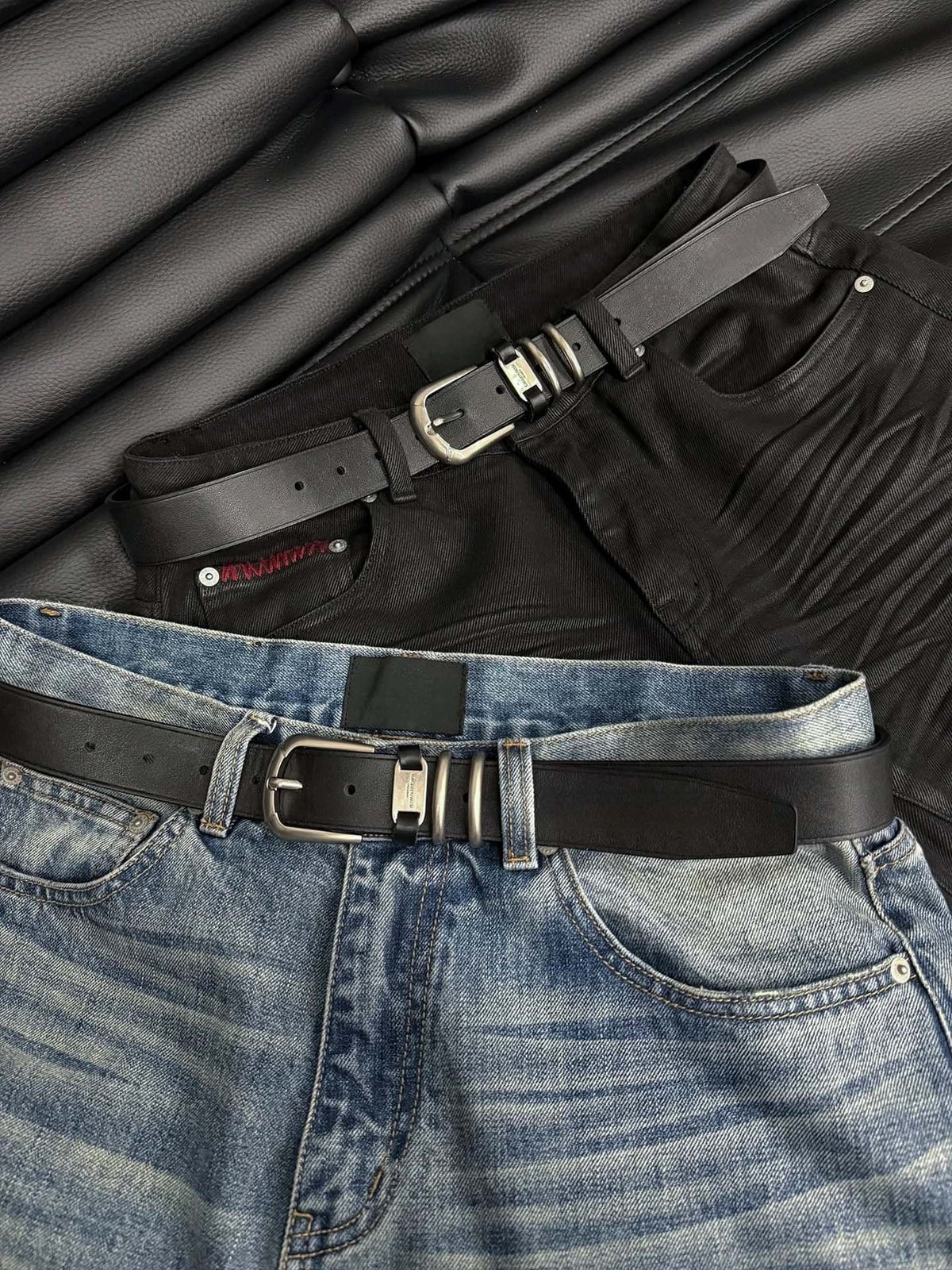 Dual Ring Tag Leather Belt Vegetable Tanned Black Waist Belt