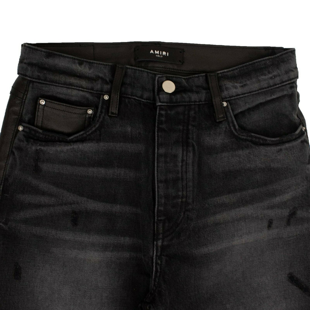 Amiri Crop Straight Lthr Denim Pants - Black
