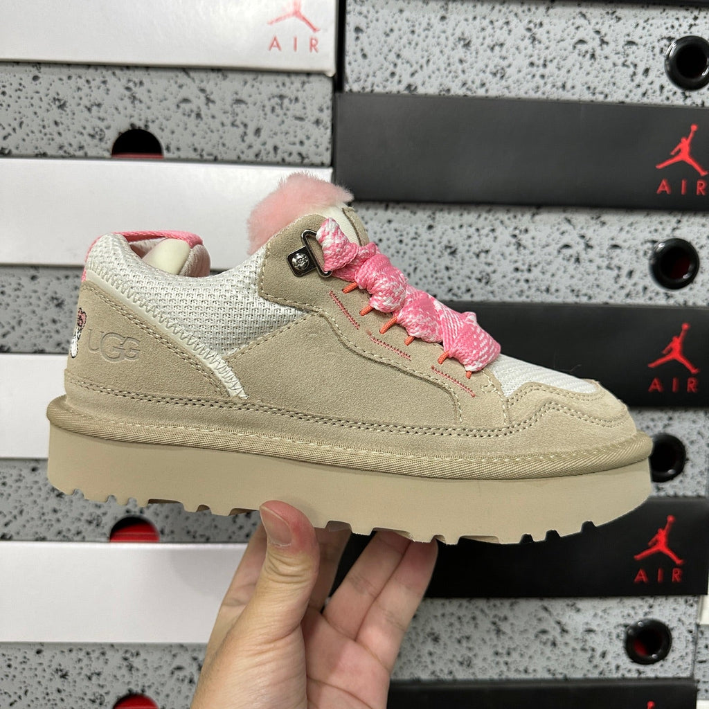 UGG Lowmel Lace-Up Sneaker – Suede & Mesh Low-Top Trainer with Pink UGGplush Lining, Embroidered Charm & Braided Pink Laces in Jasmine