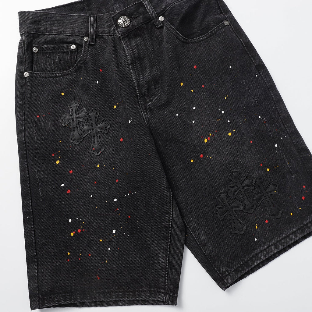 Chrome Hearts Cross Patch Embroidered & Hand-Painted Denim Shorts 9927