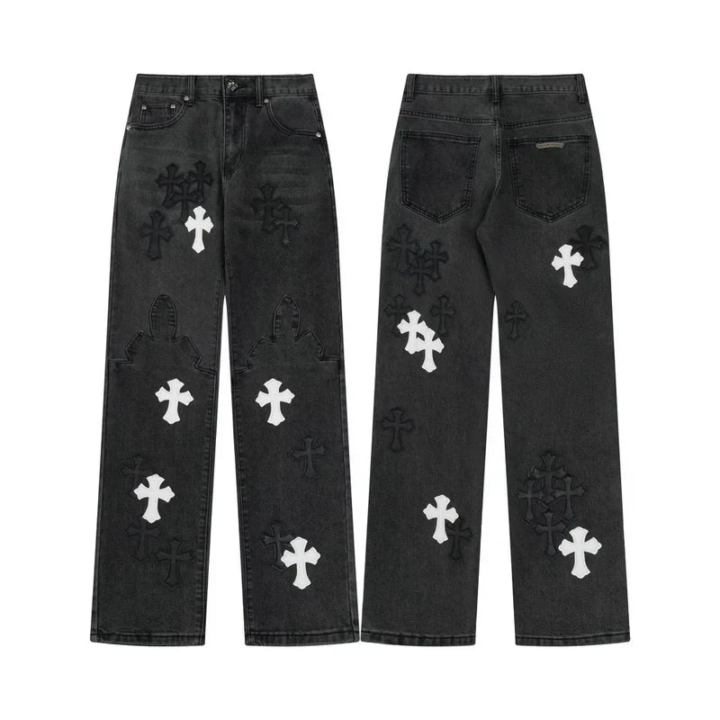 Chrome Hearts Black & White Cross Patch Flame Knee Jeans