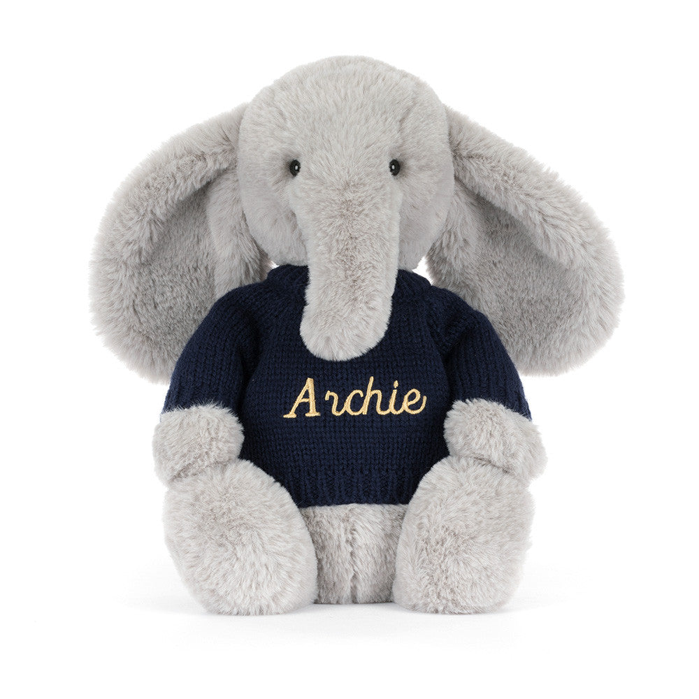 Bashful Luxe Elephant Thuddeus with Personalized Navy Jumper
