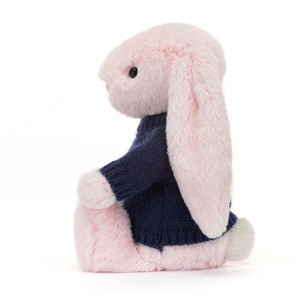 Bashful Pink Bunny with Personalized Navy Jumper