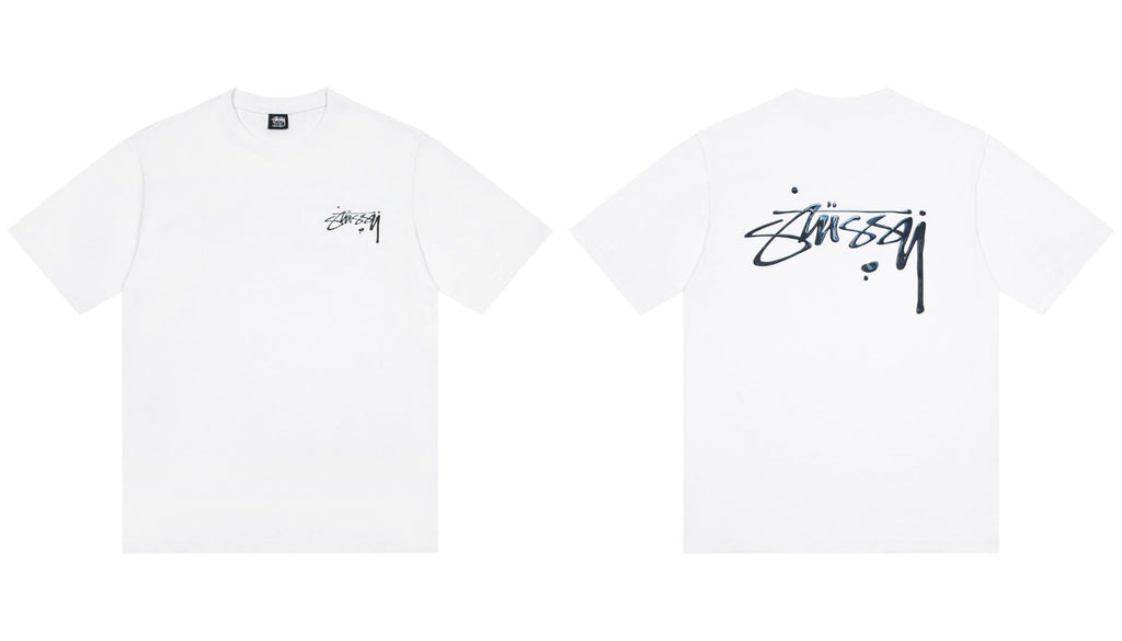 Stussy Drip Script Logo Front And Back Short Sleeve Tee