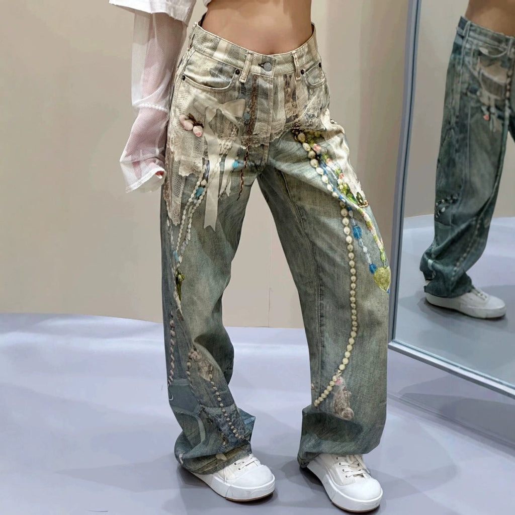 Vintage 3D Print Pearl Chain Curved Baggy Wide Leg Jeans Streetwear