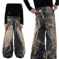Vintage 3D Print Pearl Chain Curved Baggy Wide Leg Jeans Streetwear
