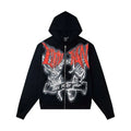 Mixed Emotion Black Red Gothic Wing Graphic Zip Up Hoodie
