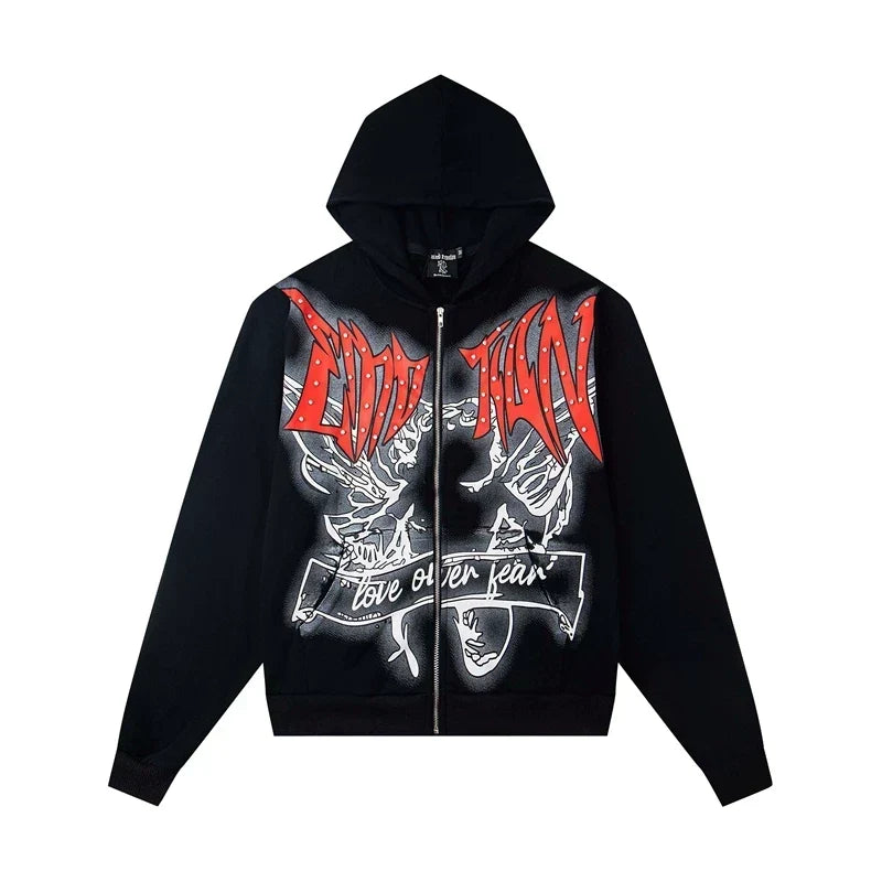 Mixed Emotion Black Red Gothic Wing Graphic Zip Up Hoodie