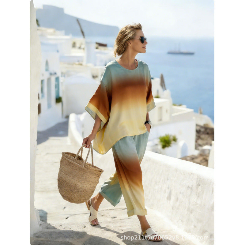 Women's Boho Gradient-Print Batwing Top and Pants Set