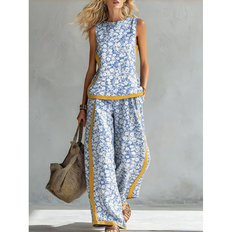 Boho Floral Trim Sleeveless Wide Leg Two Piece Set