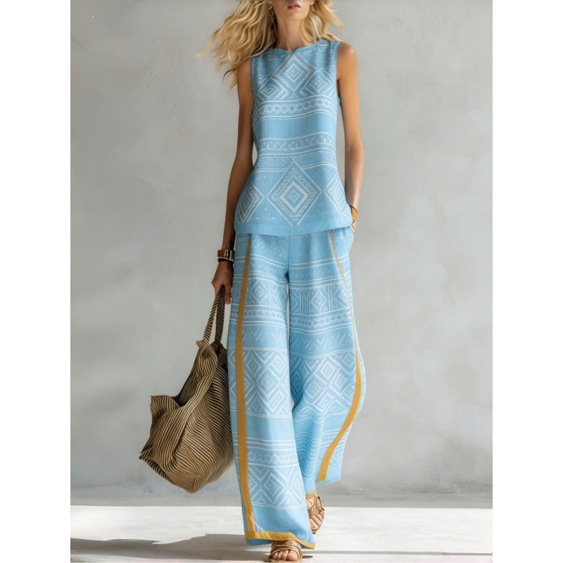 Boho Floral Trim Sleeveless Wide Leg Two Piece Set