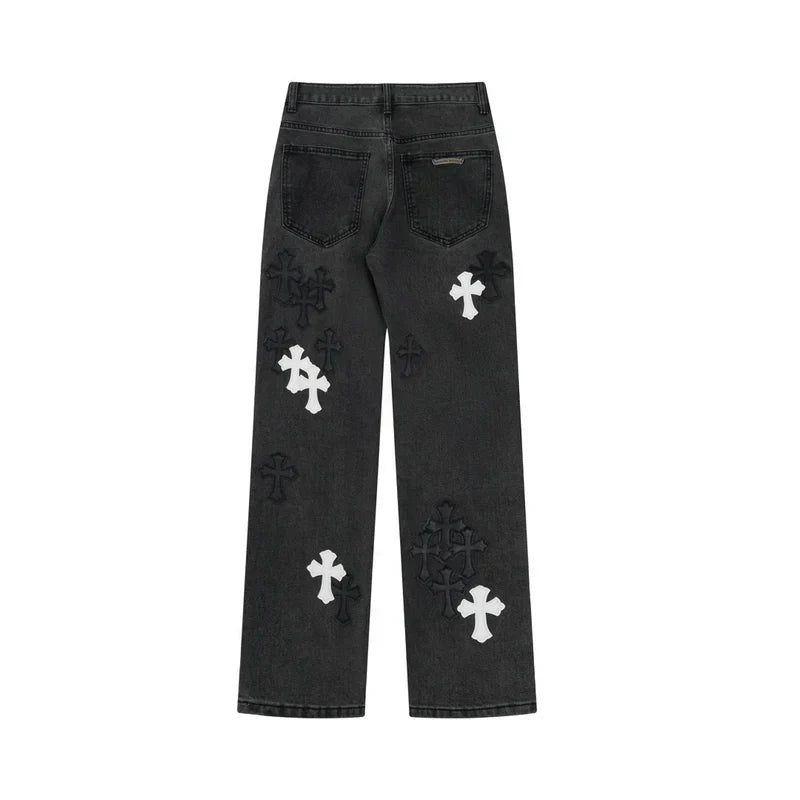 Chrome Hearts Black & White Cross Patch Flame Knee Jeans