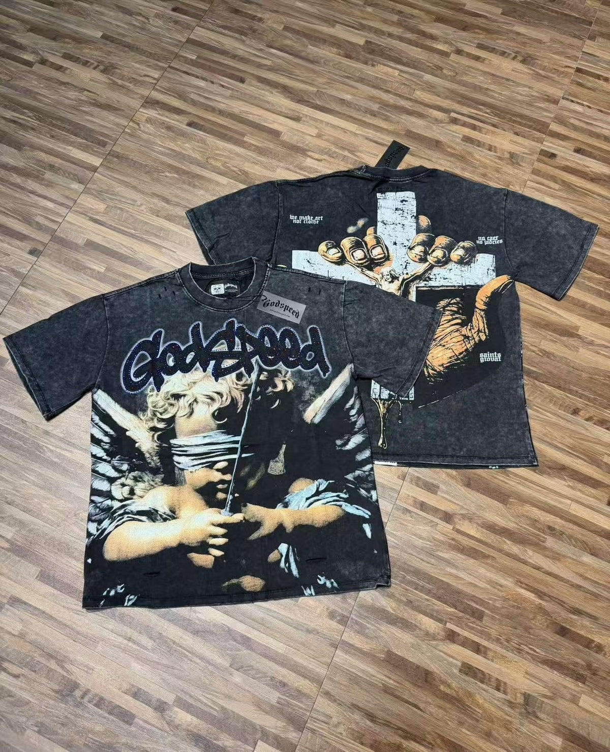 Godspeed Distressed Rhinestone Graphic T-Shirt