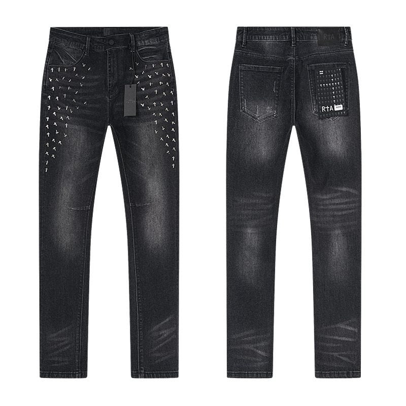 RTA Black Cross-Stud Washed Denim Jeans