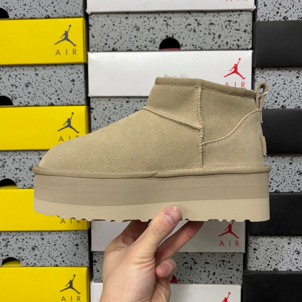 UGG Classic Ultra Mini Platform Boot – Suede Ankle Boot with Shearling Lining, Cross-Strap Lace Closure & Chunky Tonal SugarSole Platform in Sand