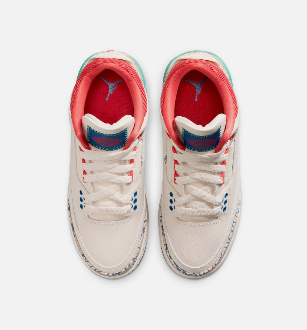 Air Jordan 3 Retro Play Your Way Grade School Shoes - Chalk Track Red True Blue Kinetic Green