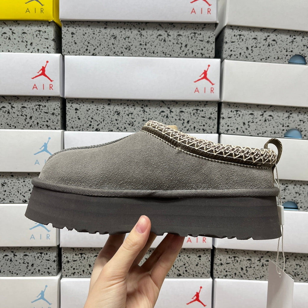 UGG Kallen Lace Platform Slipper – Women’s Suede Clog with Braided Collar in Cobblestone Grey