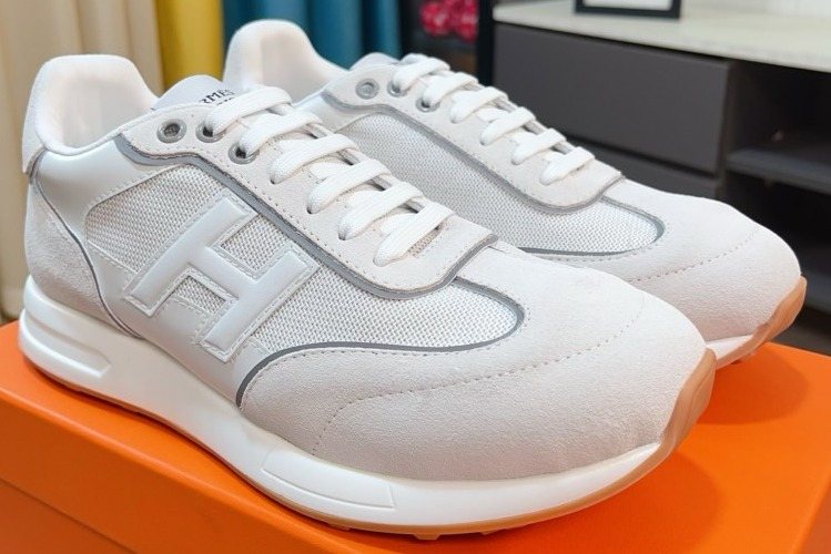 Hermès White and Light Gray Low-Top Sneakers