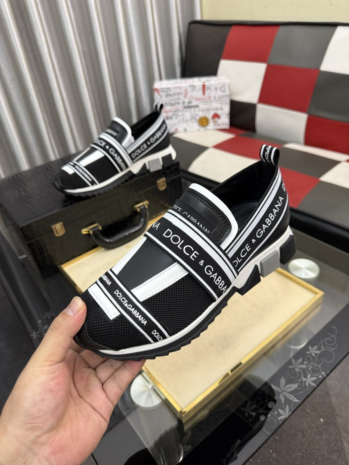 Dolce & Gabbana Banded Slip-On Sneakers - Black and White