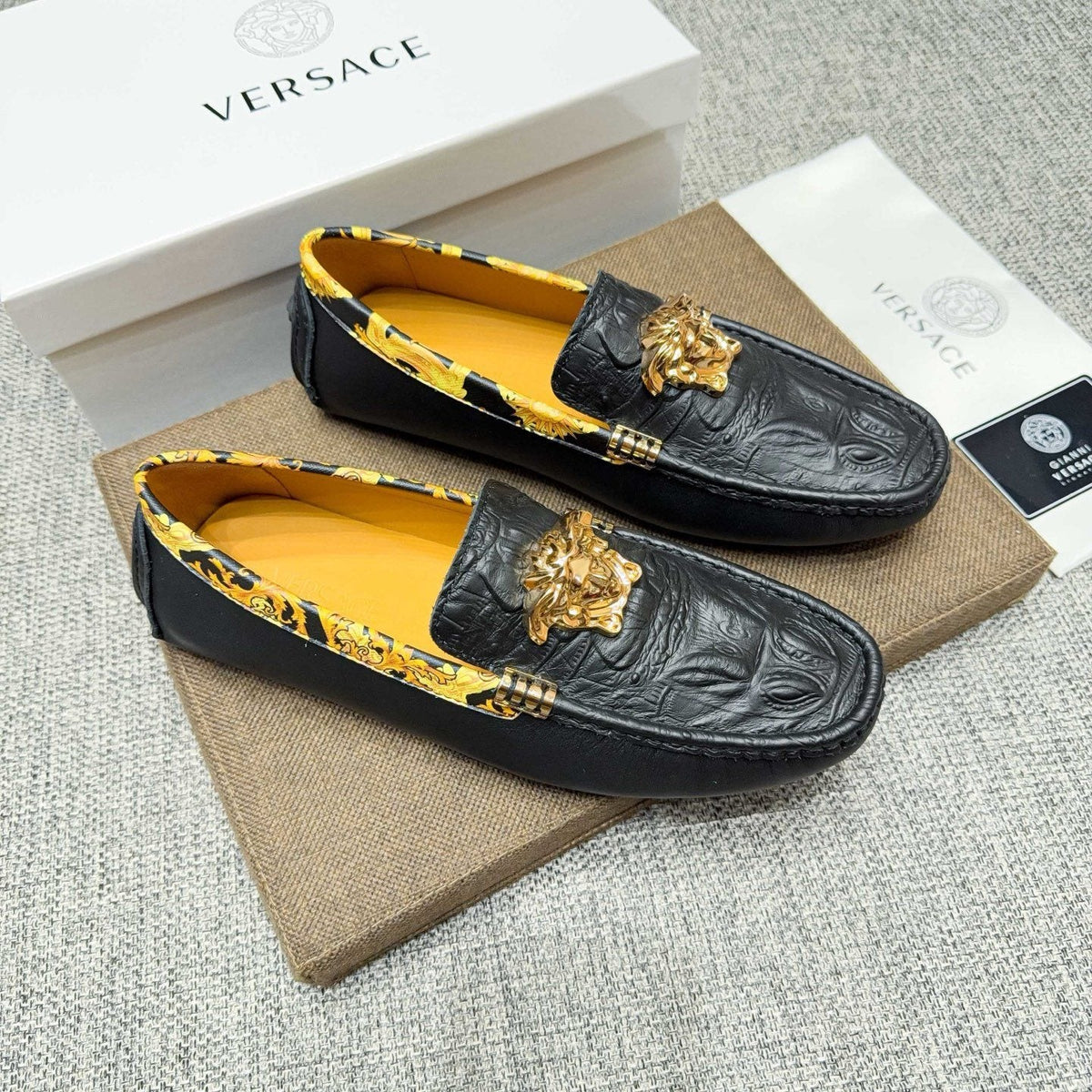 Versace Men's Black Gold-Tone Hardware Loafers - Embossed Texture