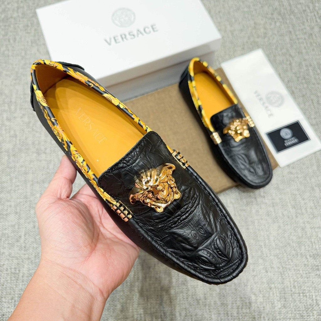Versace Men's Black Gold-Tone Hardware Loafers - Embossed Texture