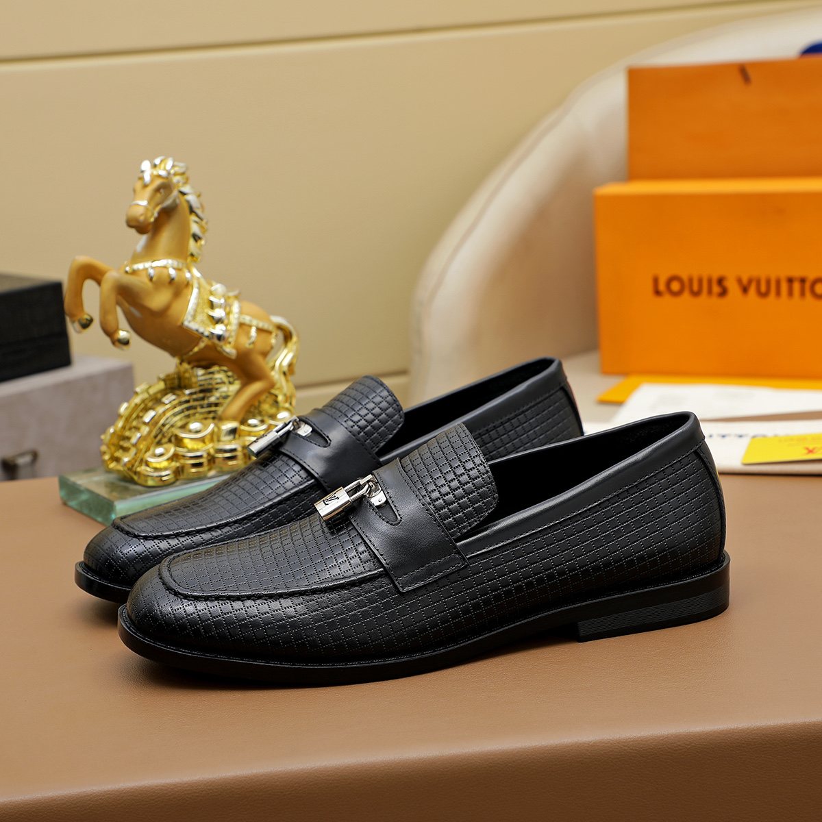Louis Vuitton Black Textured Loafers - Silver-Tone Hardware