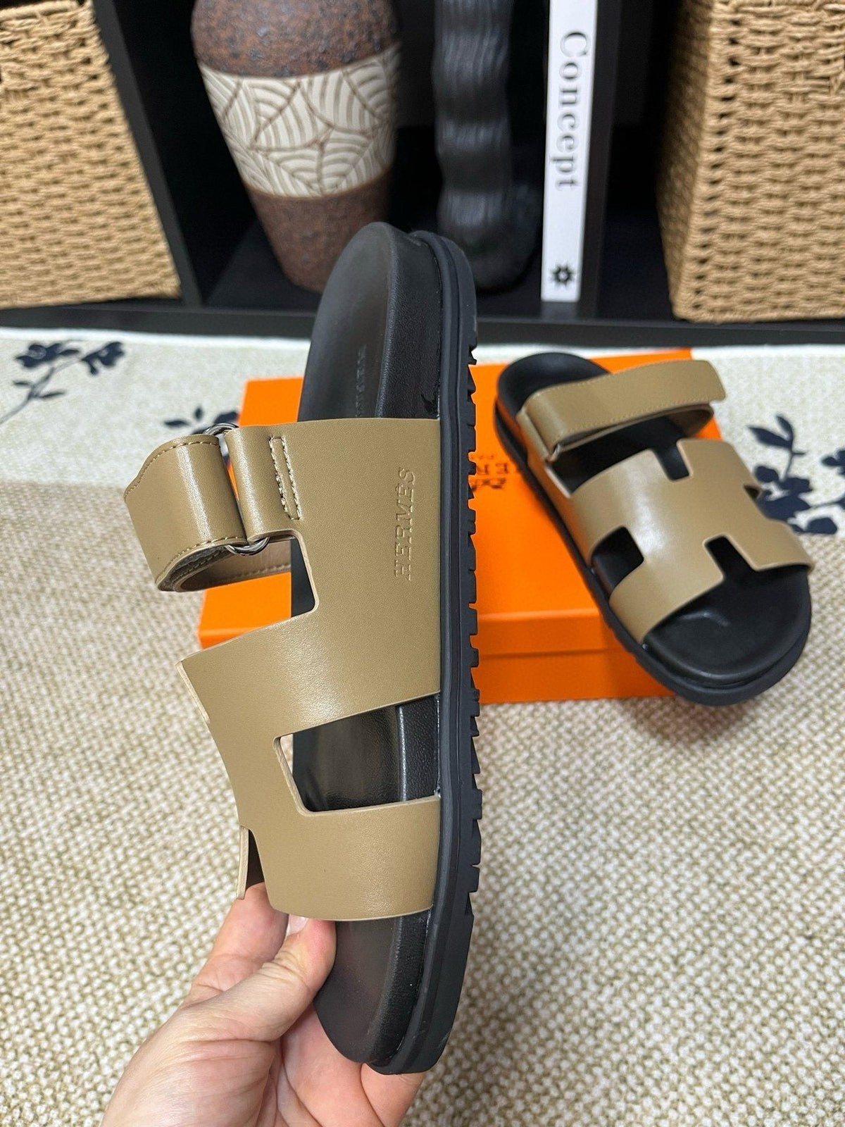 Hermes Men's Kazimir Tan and Black Slide Sandals