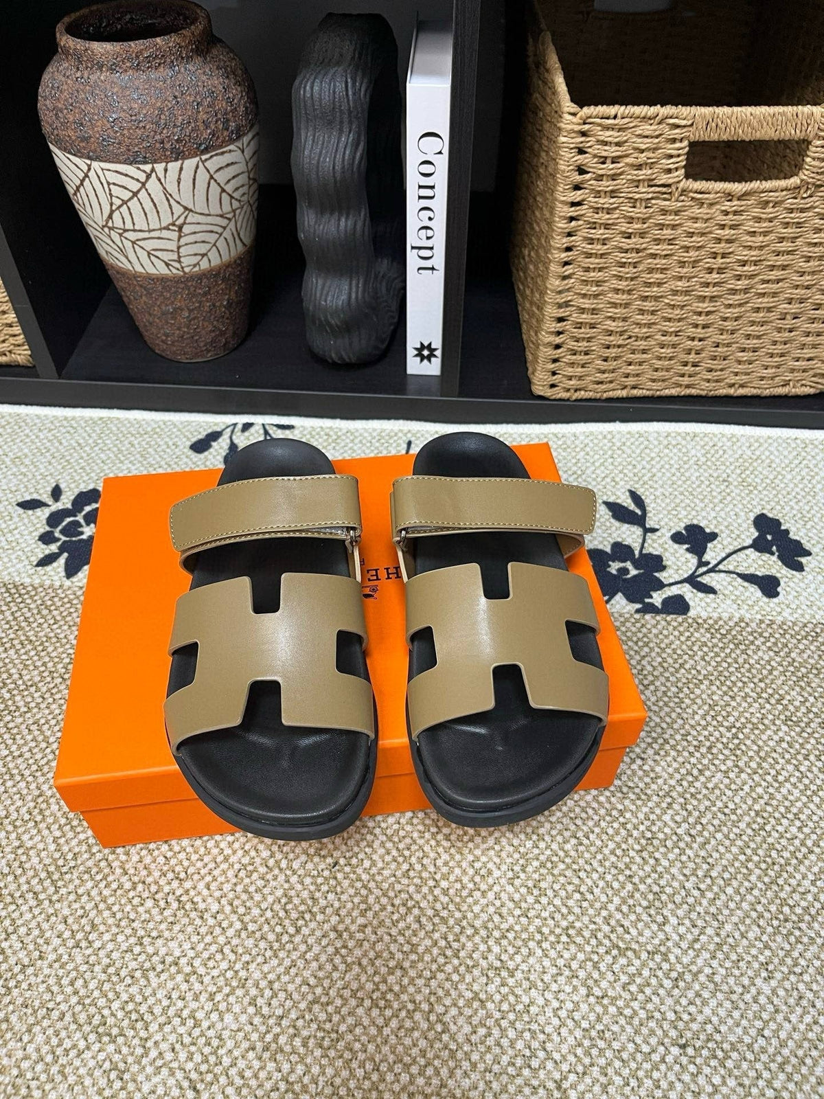 Hermes Men's Kazimir Tan and Black Slide Sandals