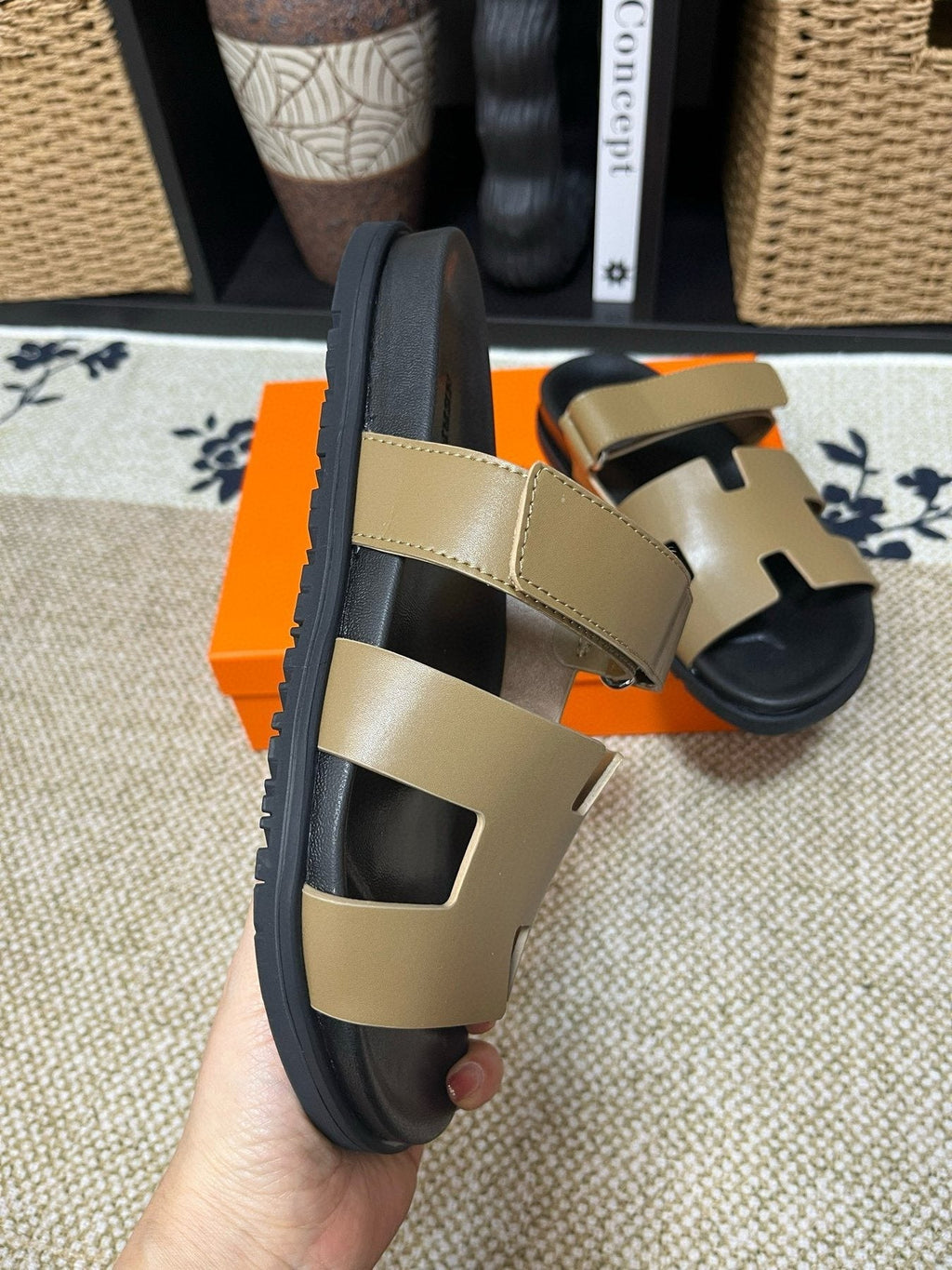 Hermes Men's Kazimir Tan and Black Slide Sandals