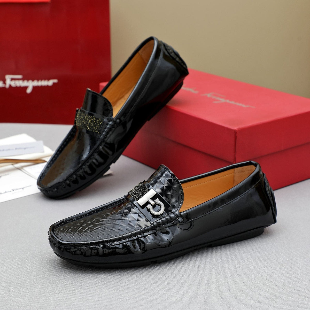 Ferragamo Men's Black Embossed Slip-On Loafers