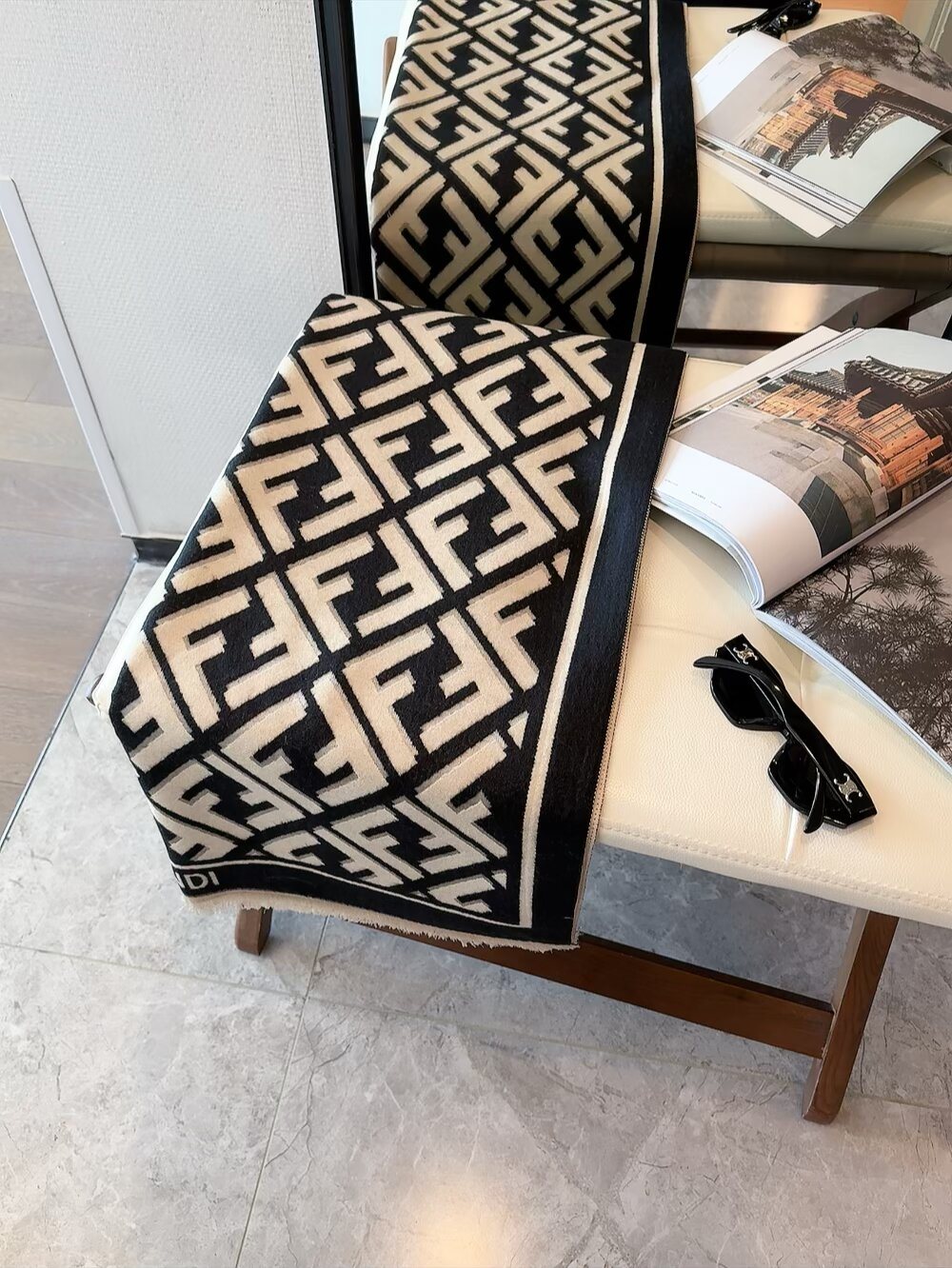 Fendi Geometric Monogram Fringe Scarf
