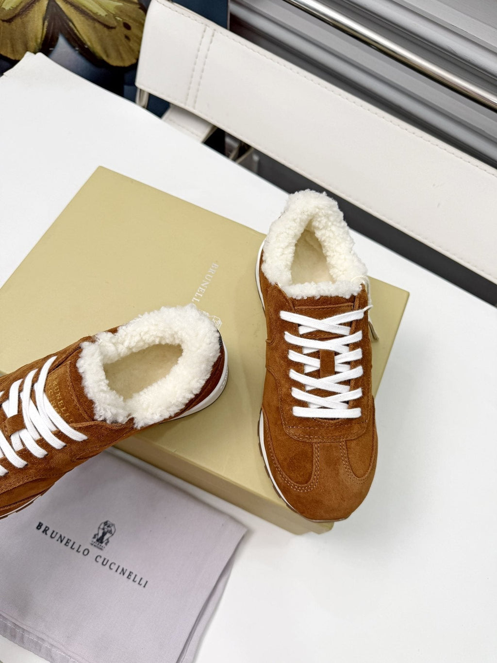 Brunello Cucinelli Brown Shearling-Trim Sneakers