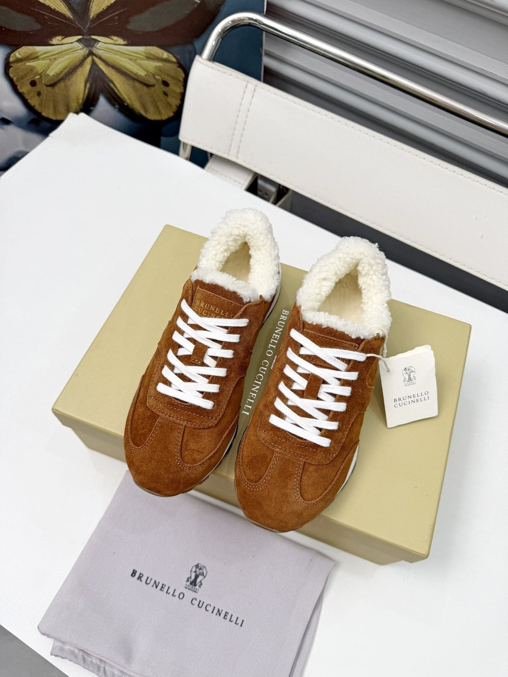 Brunello Cucinelli Brown Shearling-Trim Sneakers
