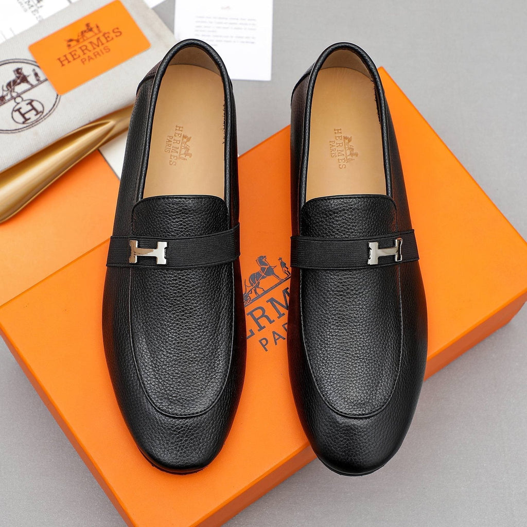 Hermès Black Pebbled Leather H-Hardware Loafers