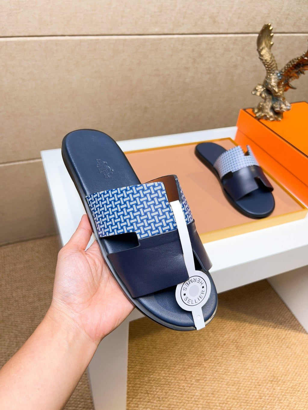 Hermès Blue Patterned H Slide Sandals