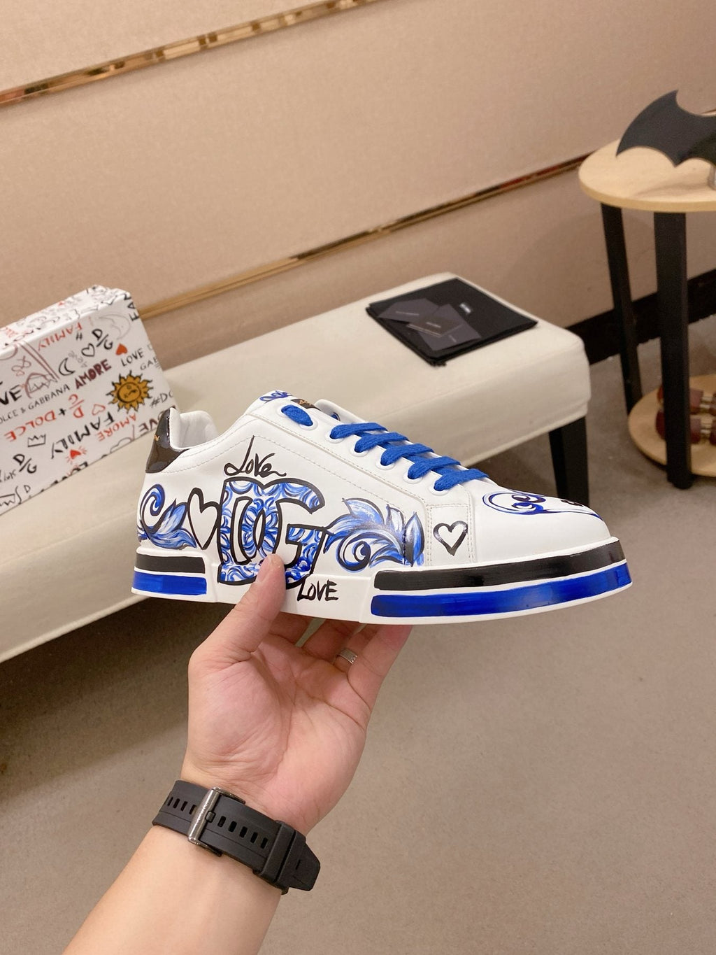 Dolce & Gabbana Men's White Blue Graphic Sneakers