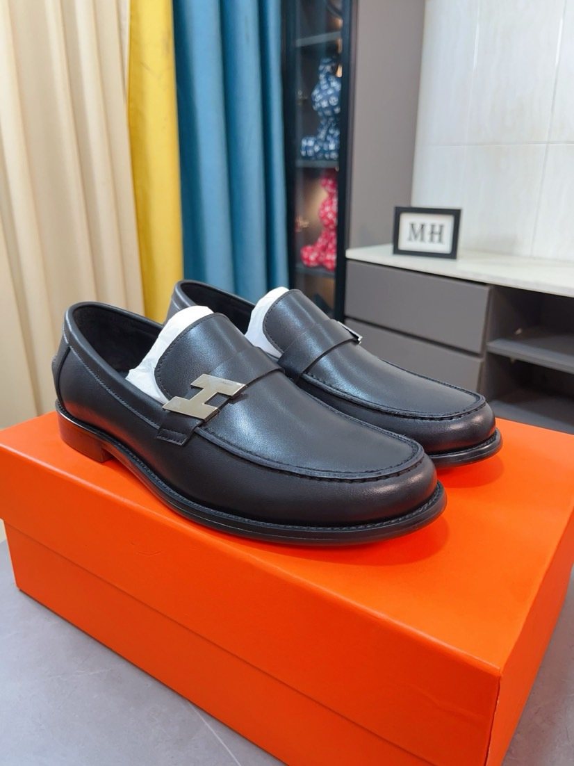 Hermès Men's Black H-Hardware Loafers - Black Leather Upper