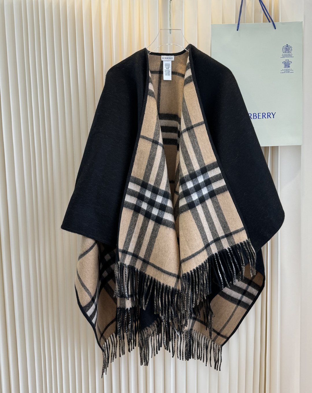 Burberry Fringed Plaid Trim Poncho Wrap
