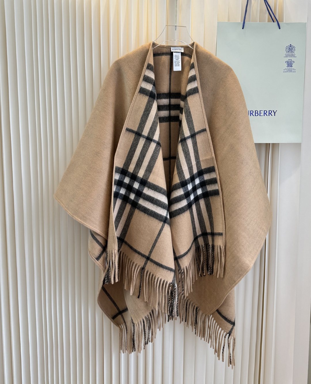 Burberry Fringed Plaid Trim Poncho Wrap