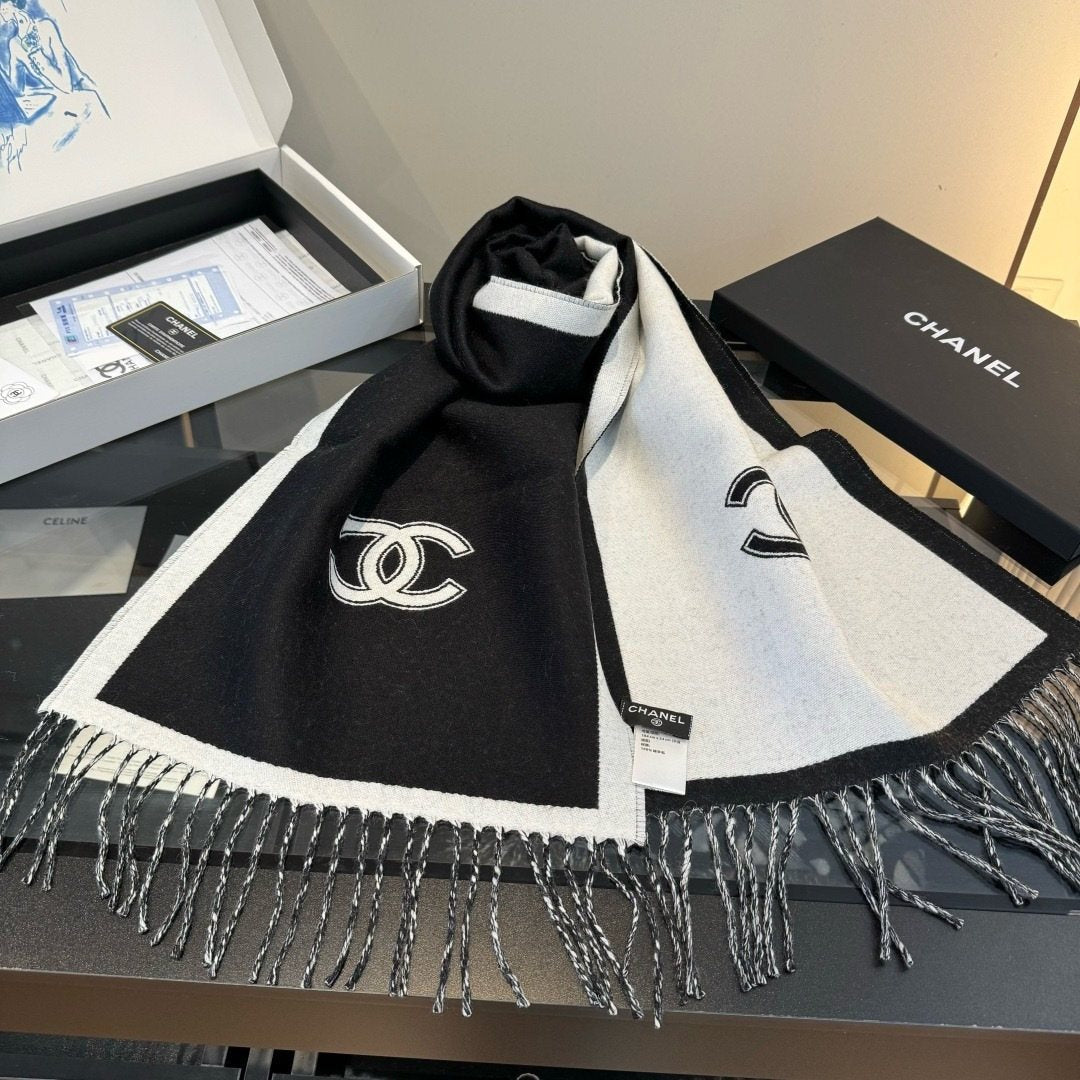 Chanel Fringed Color-Block Scarf