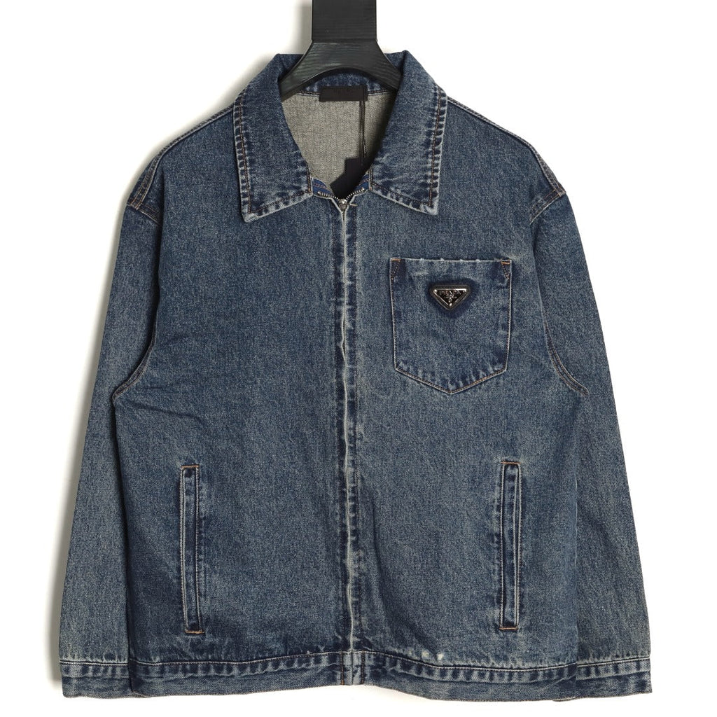 Prada Triangle-Logo Washed Zip-Up Denim Jacket - Dark Blue