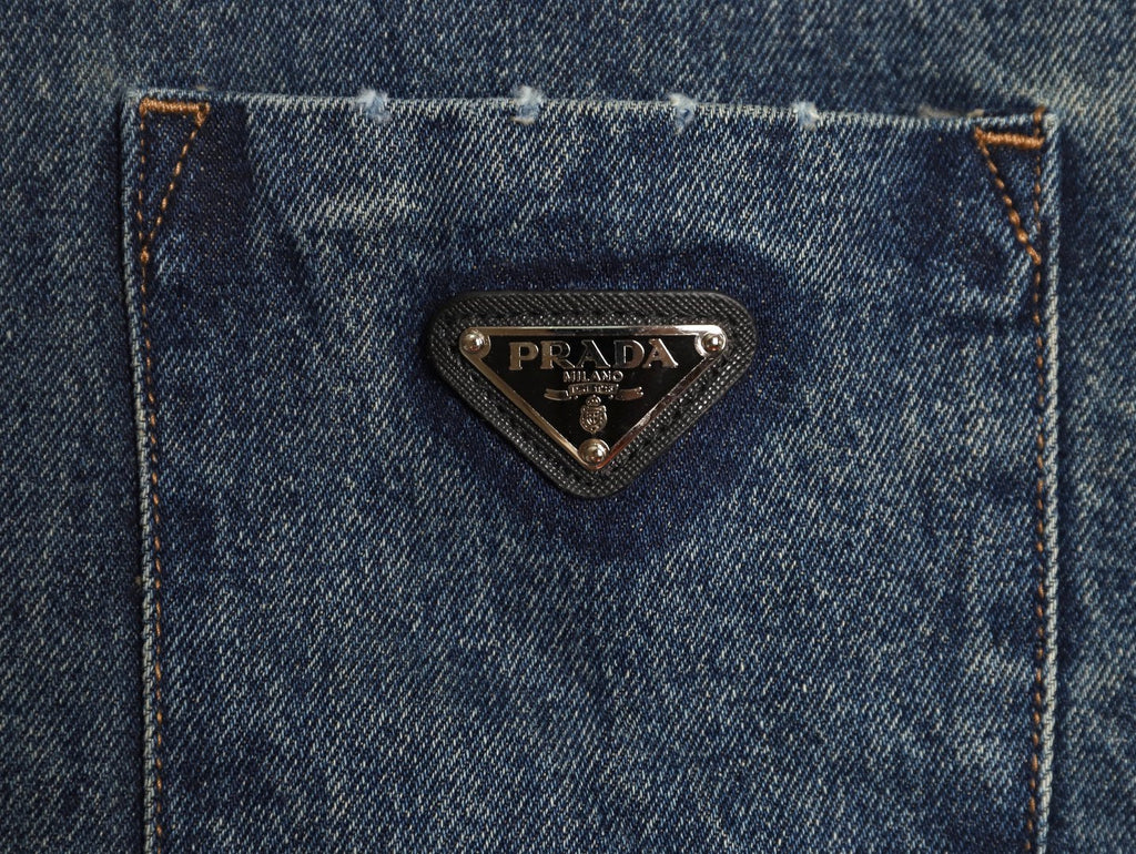 Prada Triangle-Logo Washed Zip-Up Denim Jacket - Dark Blue