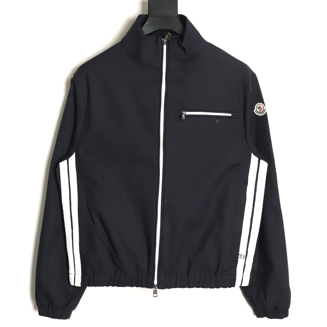 Moncler White-Stripe Stand-Collar Zip Jacket - Black