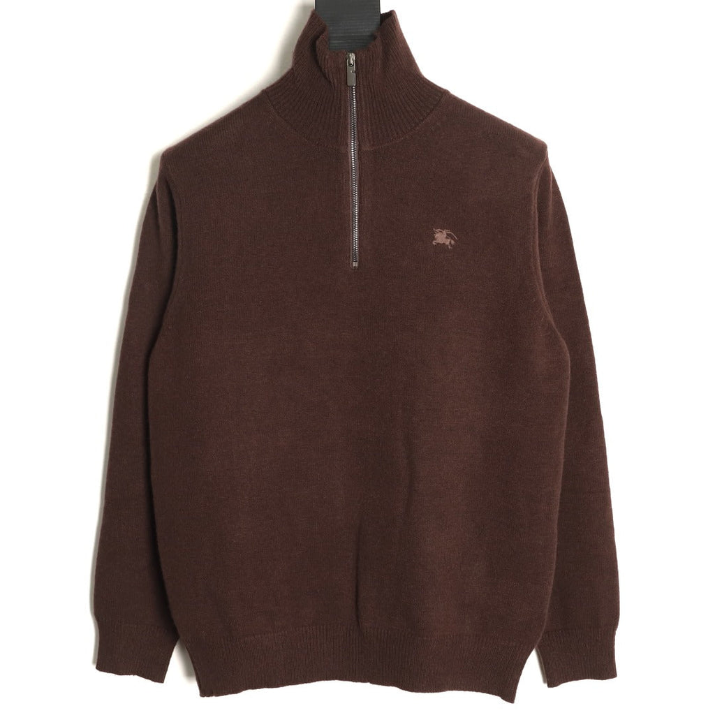 Burberry Equestrian Emblem Half-Zip Knit Sweater - Dark Brown